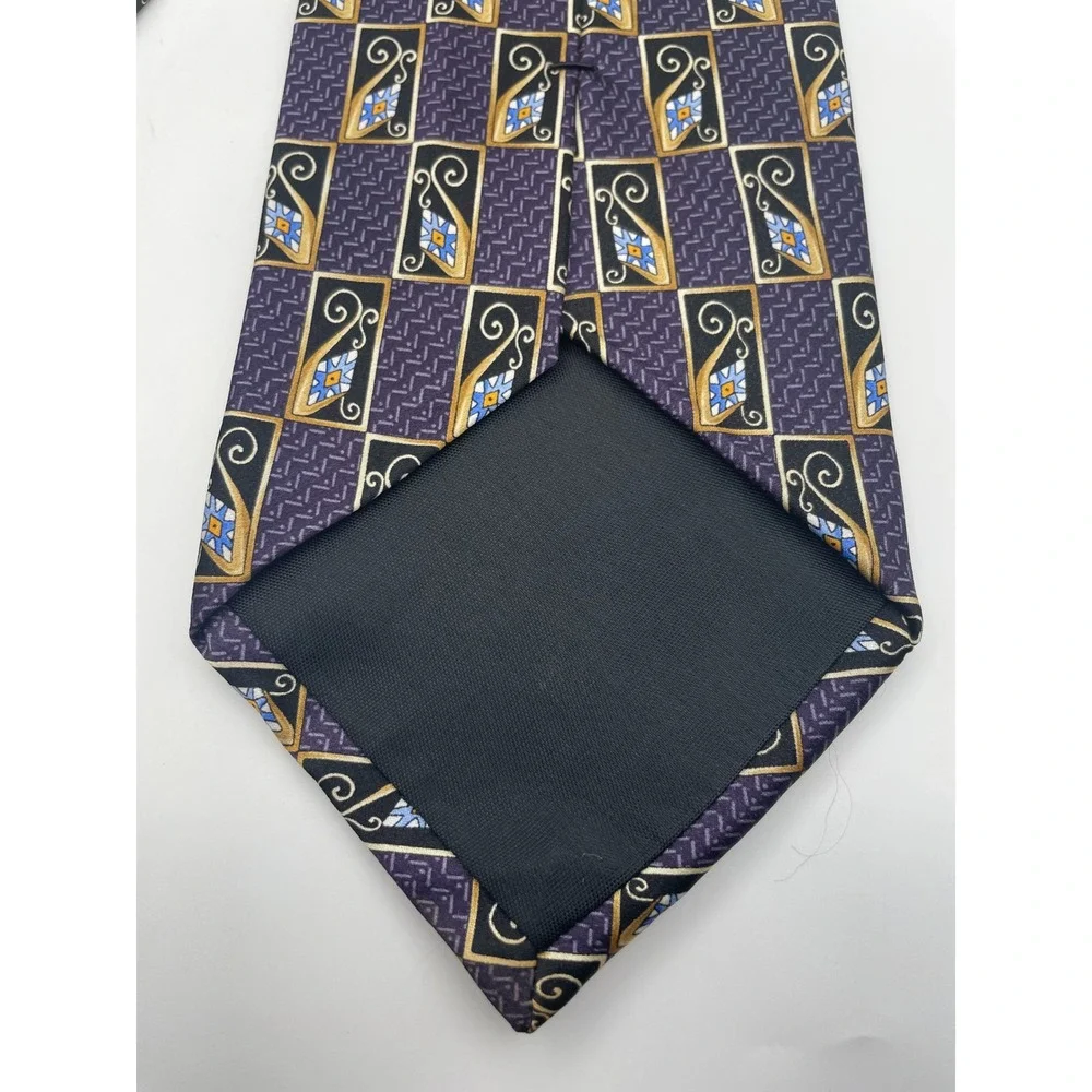 Jos A Bank Silk Tie Mens Purple Gold Geometric Art Deco Handsewn Made in USA